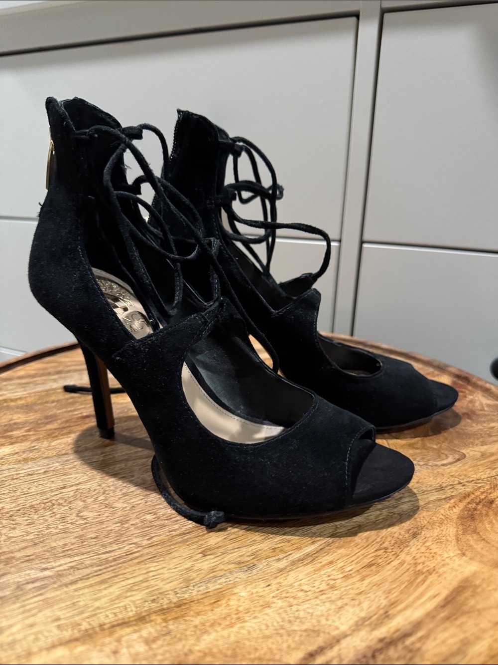 Vince Camuto Black Suede Lace-Up Peep Toe Heels
